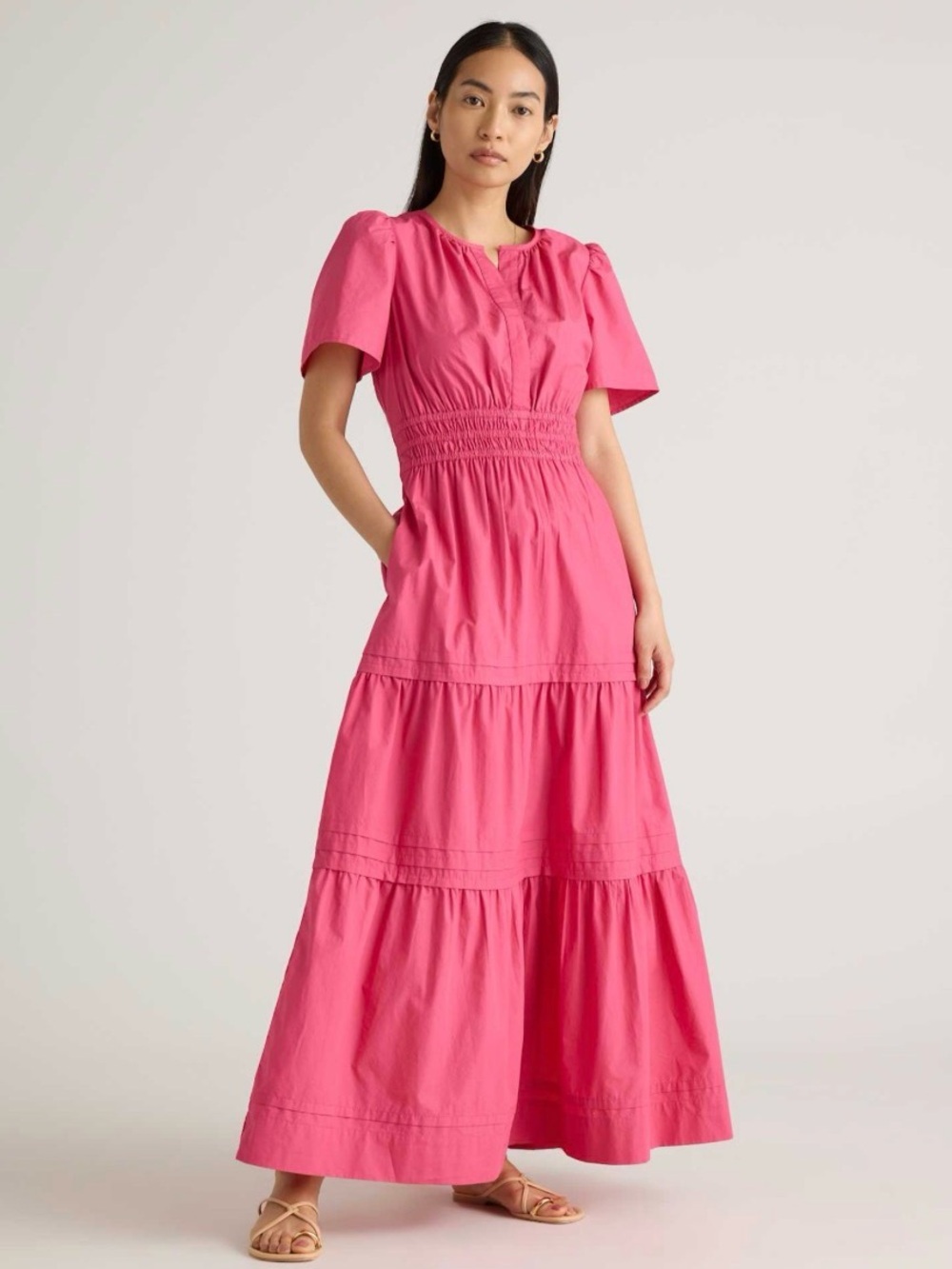 Quince organic cotton tiered poplin dress in lipstick pink
